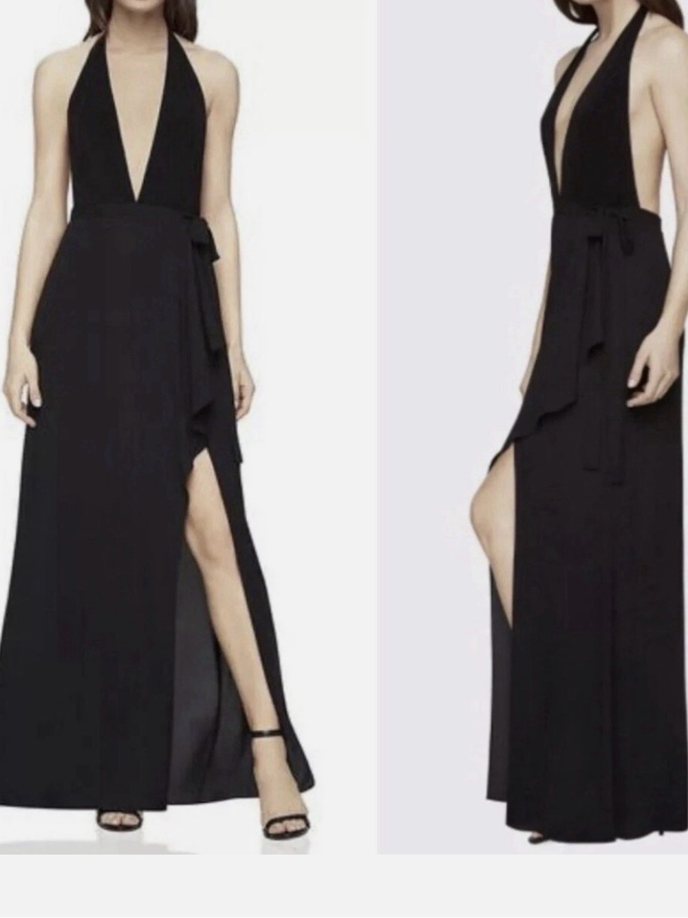 BCBGMaxAzria Black Plunge Halter Wrap Maxi Dress